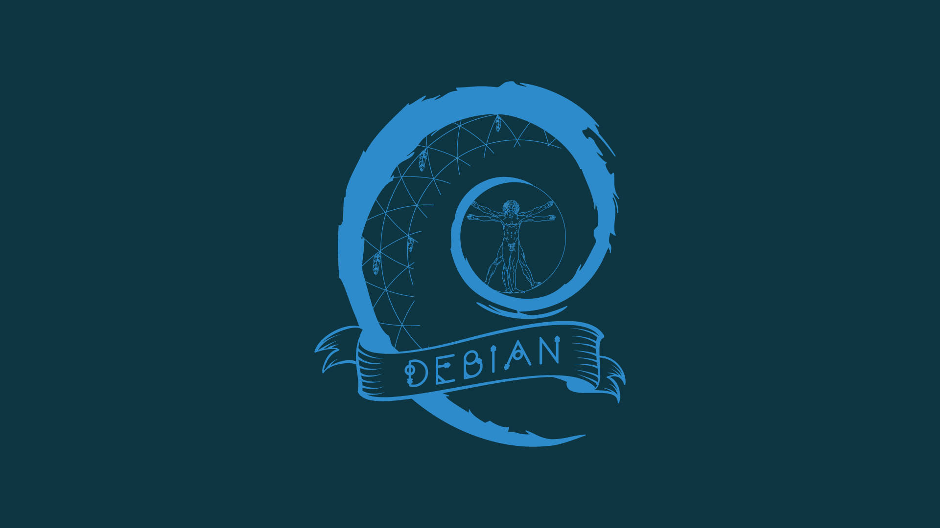 Linux 桌布 壁紙 — 一個藍色的Debian標誌，在深藍綠色背景上有一個圓形設計的維特魯威人。