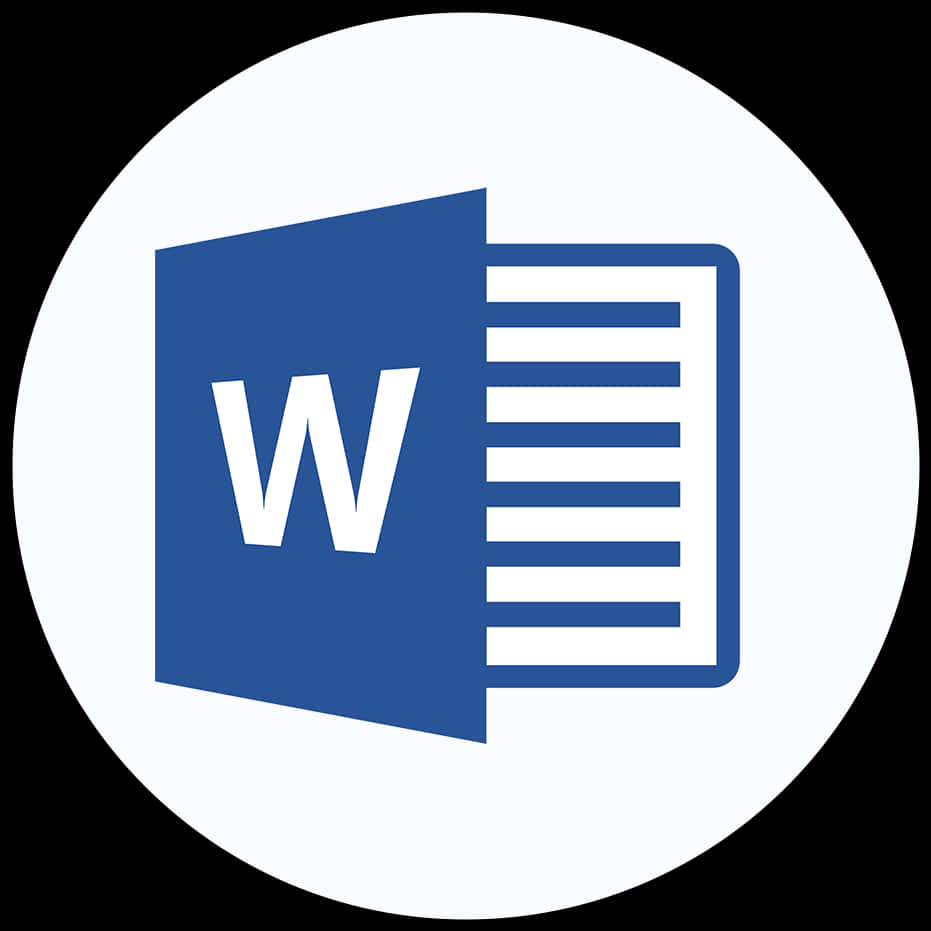 microsoft 桌布 壁紙 — 一個藍色的Microsoft Word標誌圖示，上面有白色的「W」和文件線條，在白色圓形背景上，對著黑色背景。