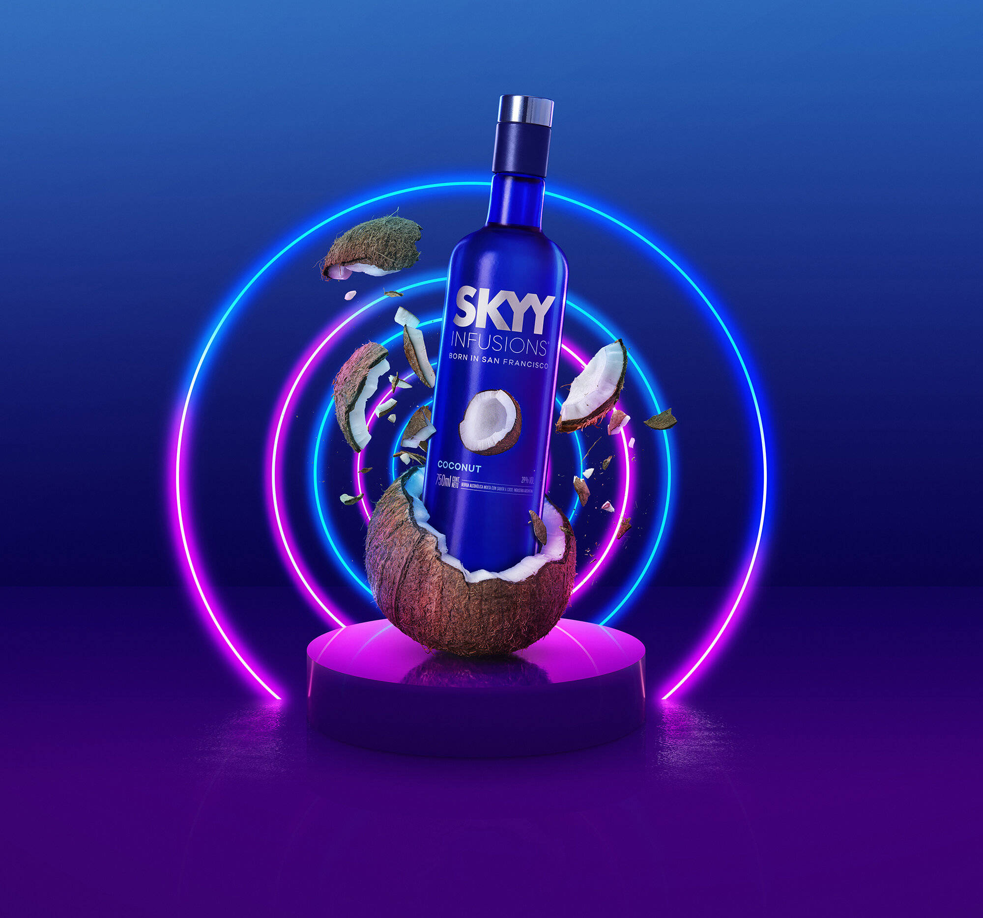 Coconut 桌布 壁紙 — 一個藍色的Skyy Infusions Coconut伏特加酒瓶從一個裂開的椰子中出現，被發光的霓虹環圍繞，背景是深色漸變。