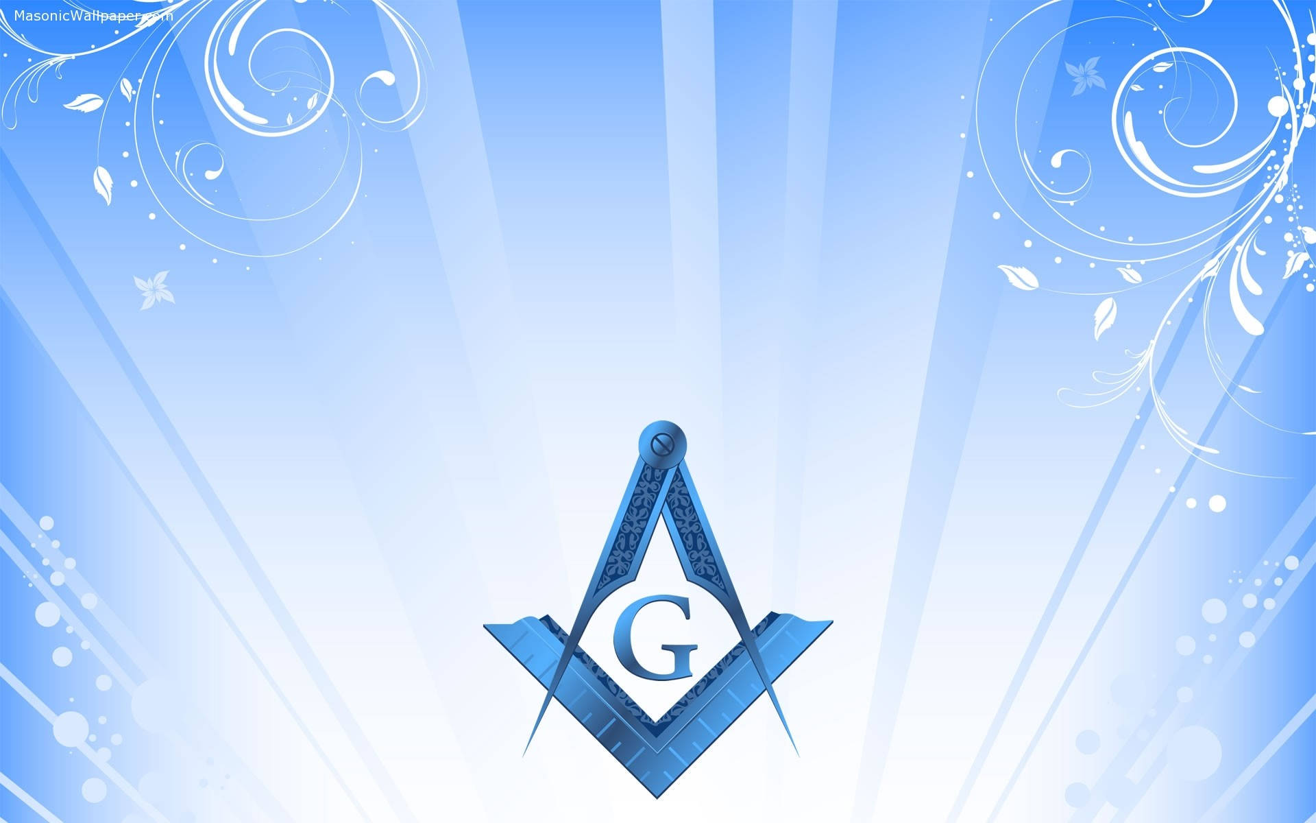 Masonic 桌布 壁紙 — 一個藍色的共濟會方矩和圓規徽章，中央有一個G，位於閃耀的藍色漸變背景上，飾有白色漩渦和葉子。