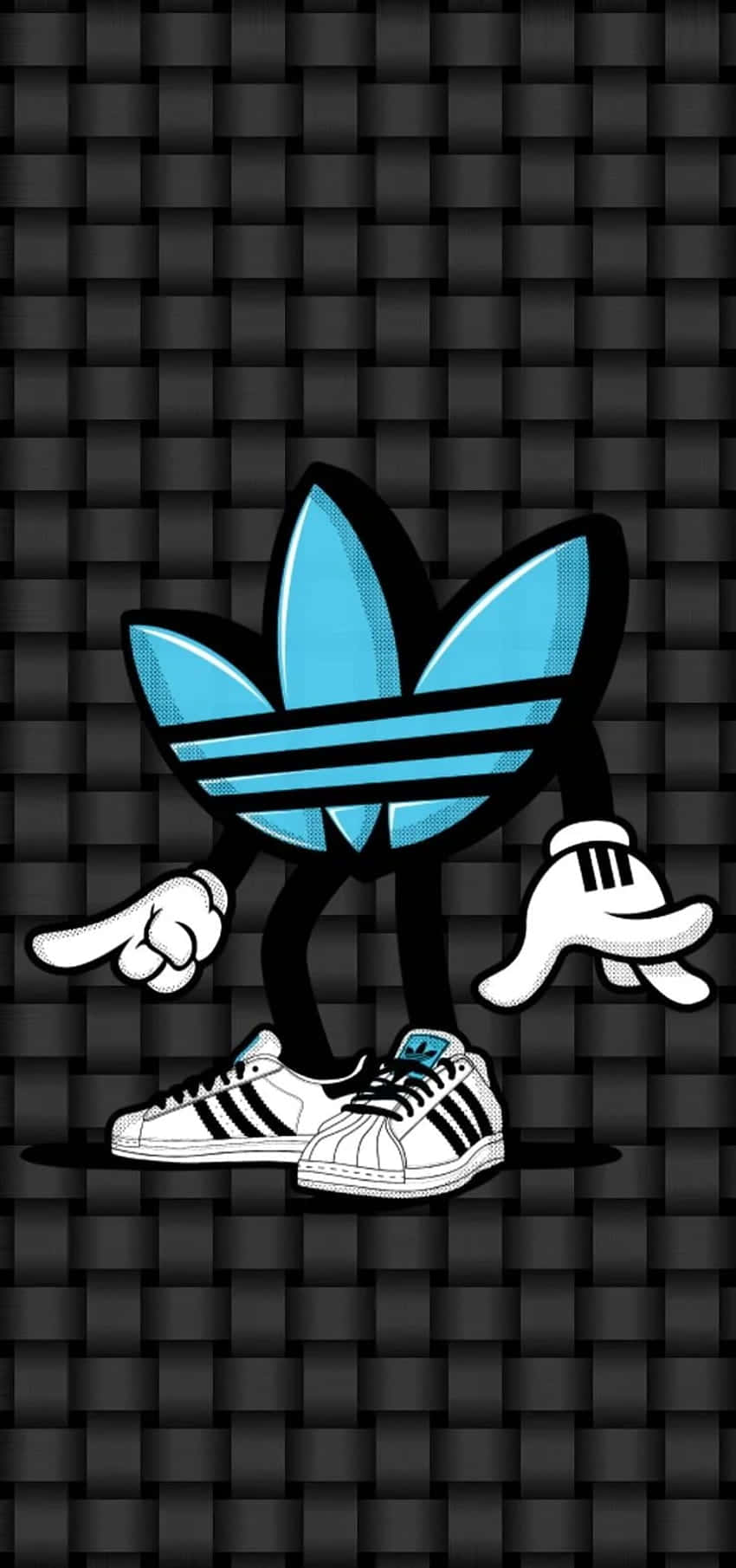 Adidas Logo 桌布 壁紙 — 一個藍色的卡通 adidas 標誌角色，戴著白色手套和 adidas 運動鞋，站在黑色編織背景前。