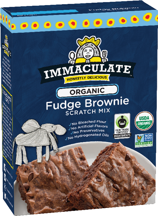 布朗尼 桌布 壁紙 — 一個藍色盒子，內含Immaculate Organic Fudge Brownie Scratch Mix，特色是濃郁的巧克力布朗尼和俏皮的大象插圖。