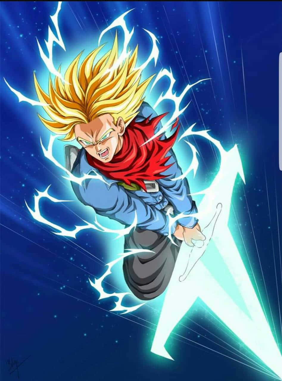 Trunks 桌布 壁紙 — 一個藍色盔甲、刺蝟頭的動漫戰士，在星光宇宙背景下釋放出一把發光的能量劍。