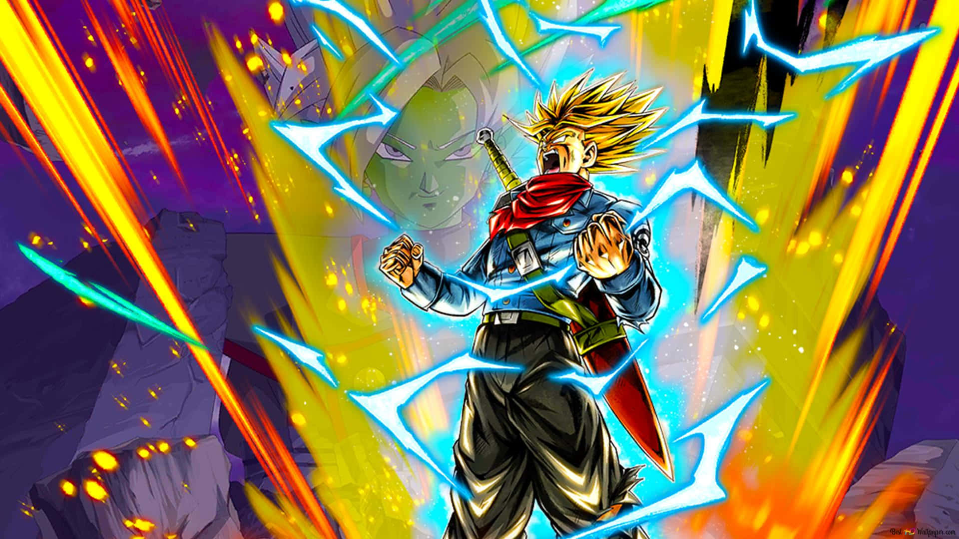 Dragon Ball Z Trunks 桌布 壁紙 — 一個藍色盔甲、尖刺頭髮的動漫戰士在熾熱的紫色和黃色背景下咆哮，周圍爆發著發光的藍色能量閃電。