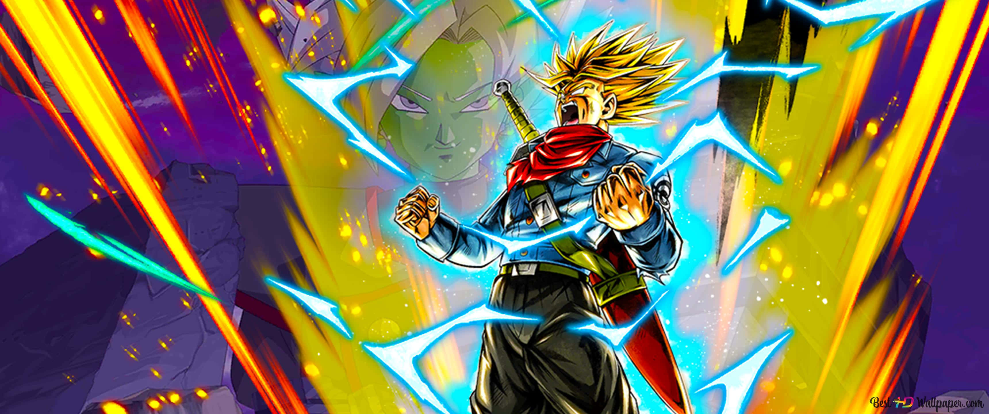 Dragon Ball Z Trunks 桌布 壁紙 — 一個藍色盔甲、尖刺頭髮的動漫戰士，在熾熱的金色條紋中向綠色皮膚的敵人釋放藍色能量爆炸。