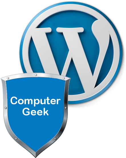 Wordpress Logo 桌布 壁紙 — 一個藍色盾牌，帶有銀色邊框和白色文字「Computer Geek」，位於一個帶有白色風格化W的藍色圓形WordPress標誌前面。