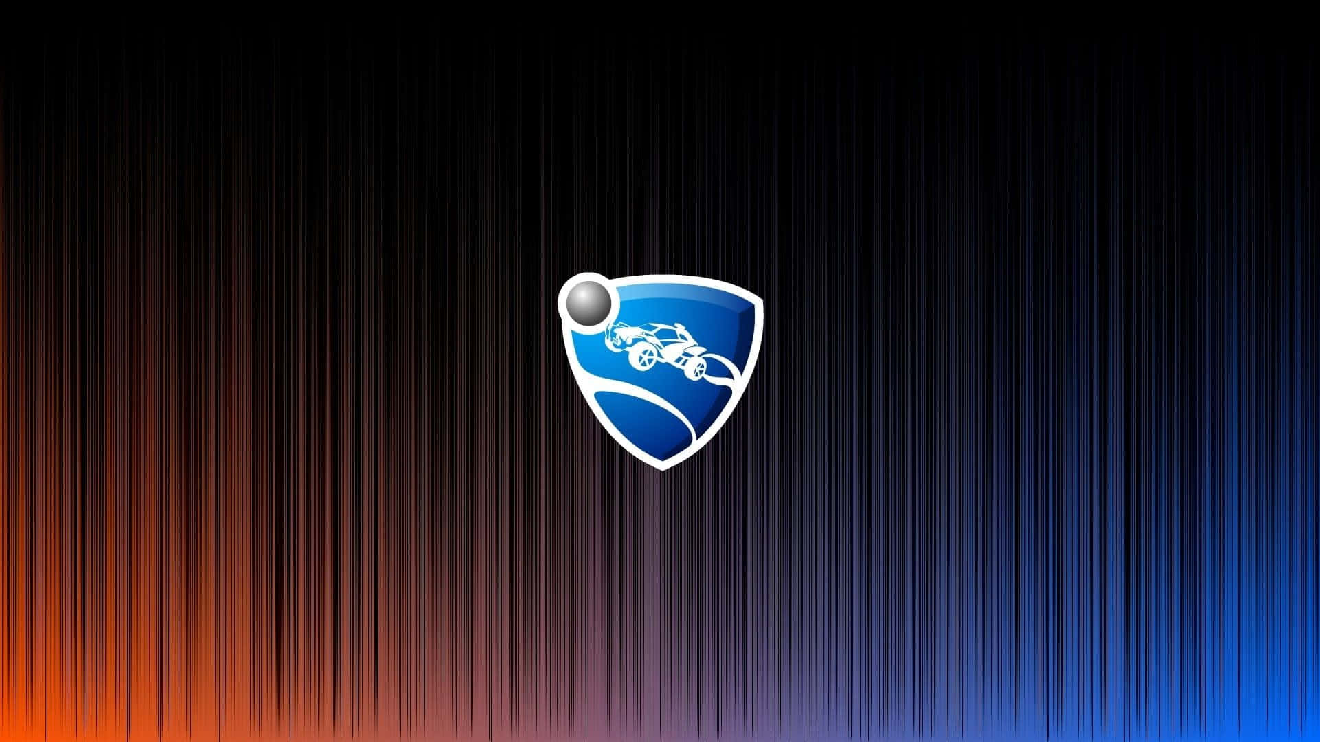 1080p Rocket League 桌布 壁紙 — 一個藍色盾牌標誌，中央有一個白色賽車和球體，背景是從橙色到深藍色的垂直條紋漸變。