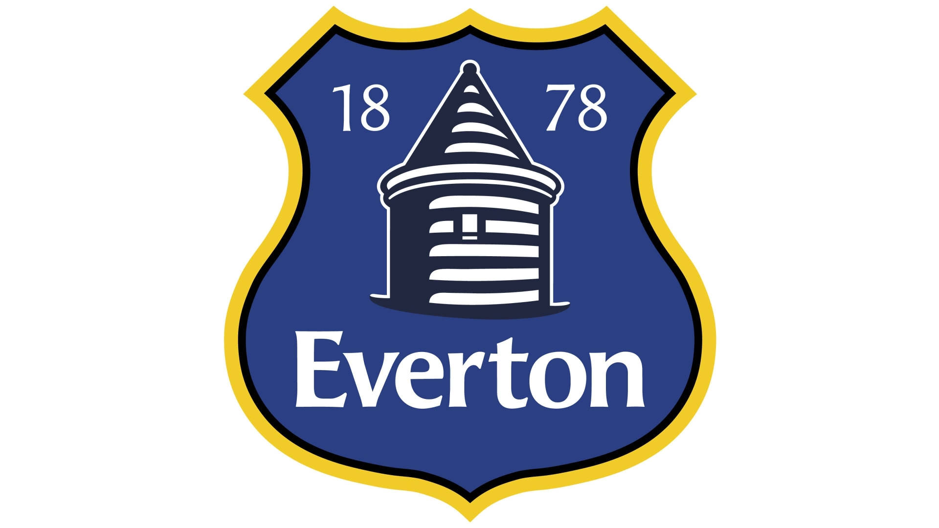 Everton 桌布 壁紙 — 一個藍色盾牌標誌，帶有黃色邊框，包含一個白色塔樓插圖和單詞Everton以及年份1878。