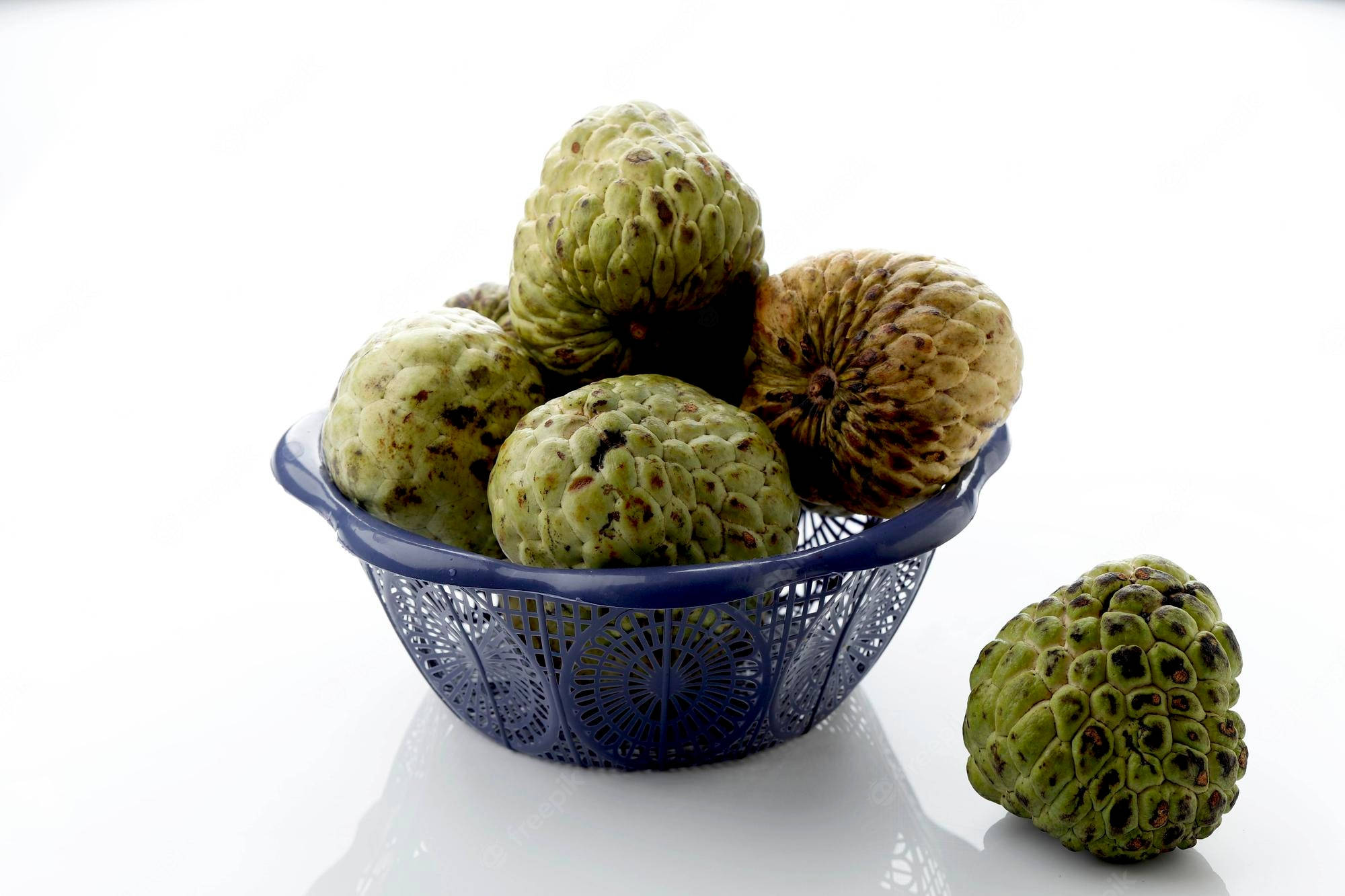 Fruits 桌布 壁紙 — 一個藍色穿孔籃子裝著幾個帶刺的綠色刺果番荔枝，其中一個放在旁邊的白色反光表面上。
