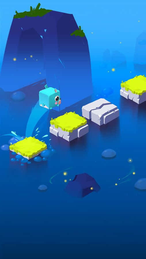 Game Design 桌布 壁紙 — 一個藍色立方體角色在深藍色水下場景中跳過發光的黃色平台，場景中有漂浮的岩石和閃爍的光芒。