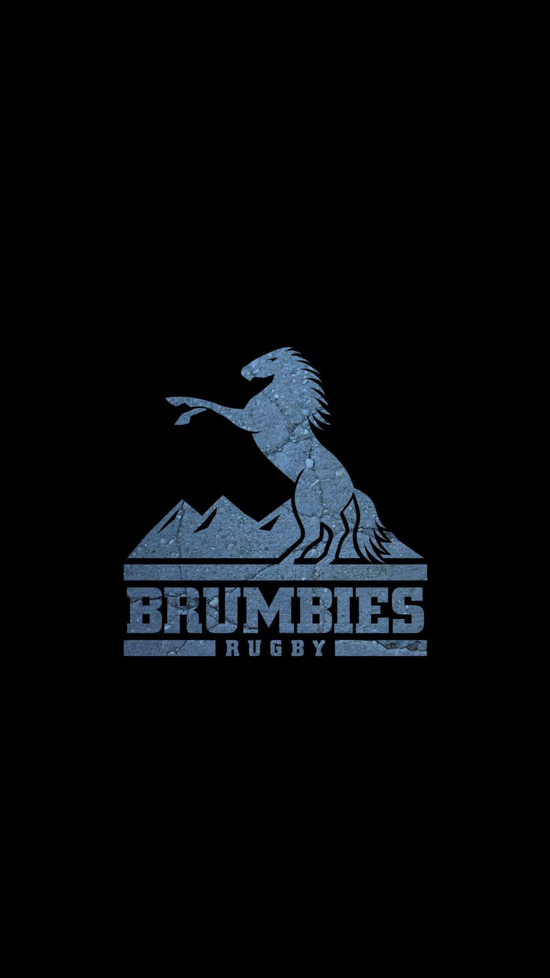 Brumbies 桌布 壁紙 — 一個藍色紋理標誌，展示一匹在山上躍立的馬，並帶有 'BRUMBIES RUGBY' 文字，背景為黑色。