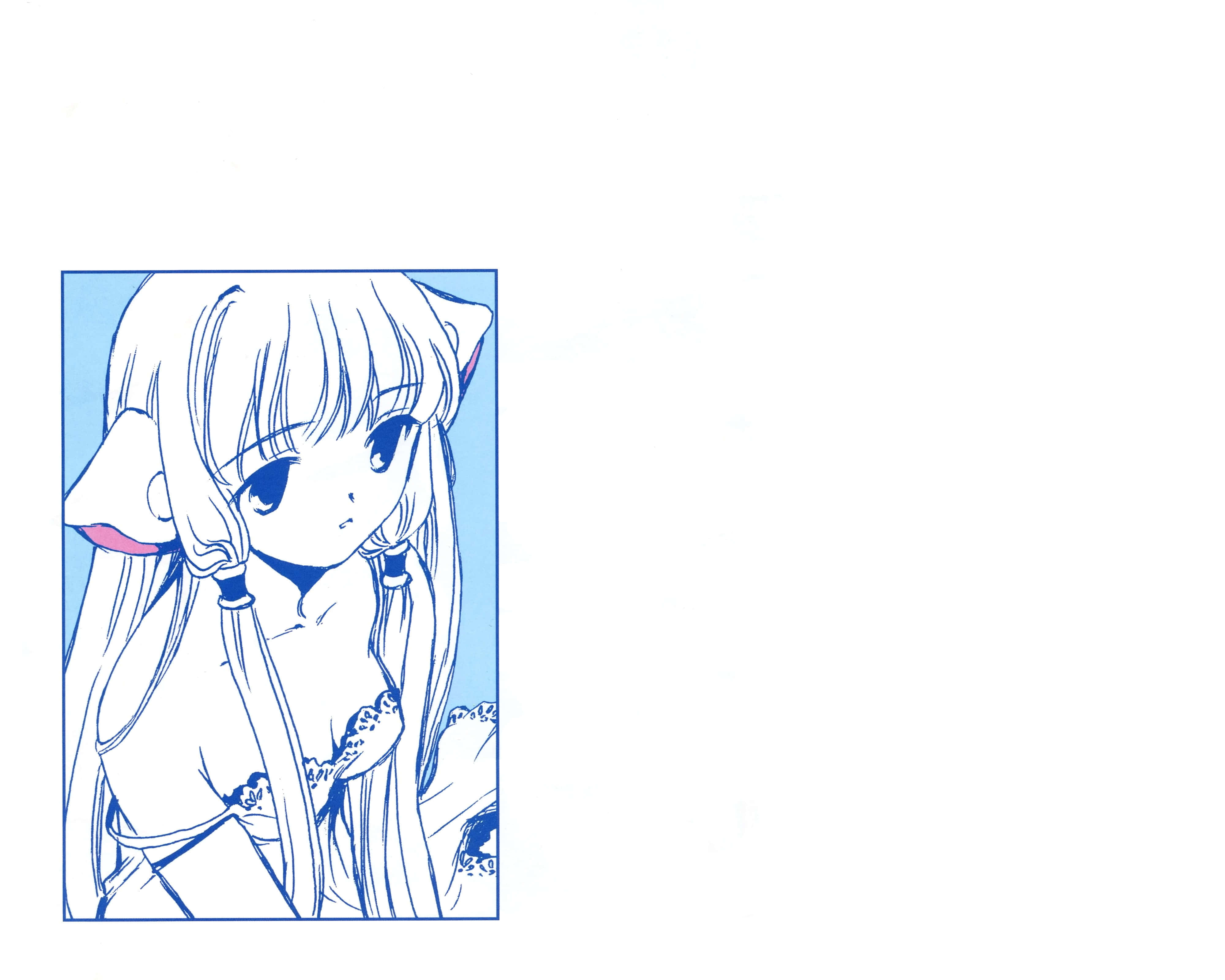 Chobits 桌布 壁紙 — 一個藍色線條的動漫女孩，有貓耳朵和長髮，在淺藍色背景下溫柔地凝視。