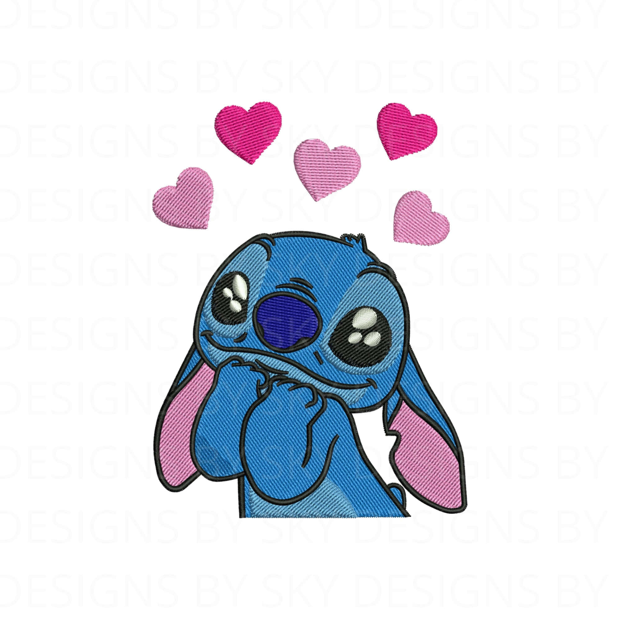 Cute TikTok Profile 桌布 壁紙 — 一個藍色縫製的史迪奇角色，有粉紅色耳朵和心形漂浮在頭頂上方，採用可愛的刺繡風格。
