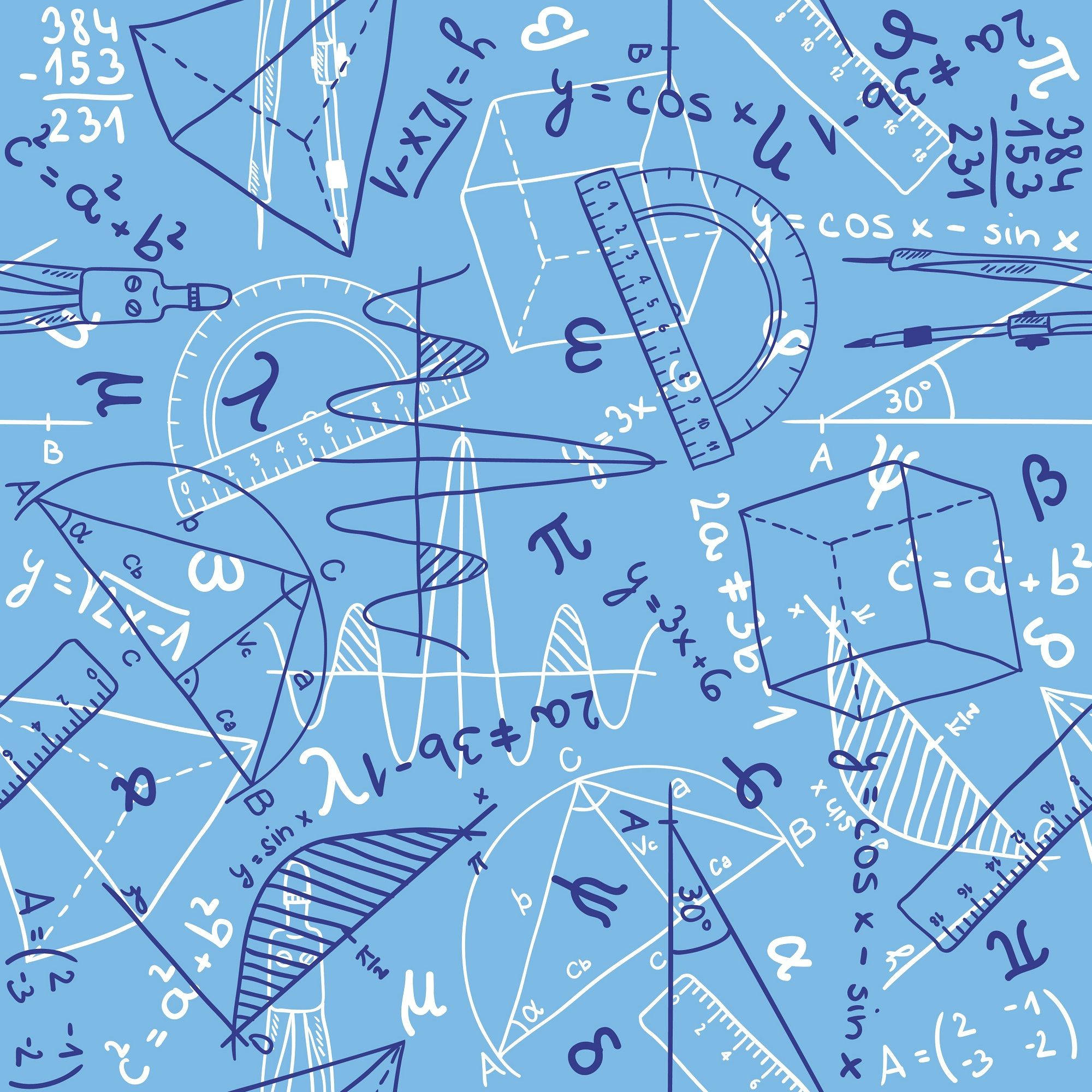 Numbers 桌布 壁紙 — 一個藍色背景，上面佈滿了深藍色墨水手繪的數學方程式、幾何形狀和繪圖工具。