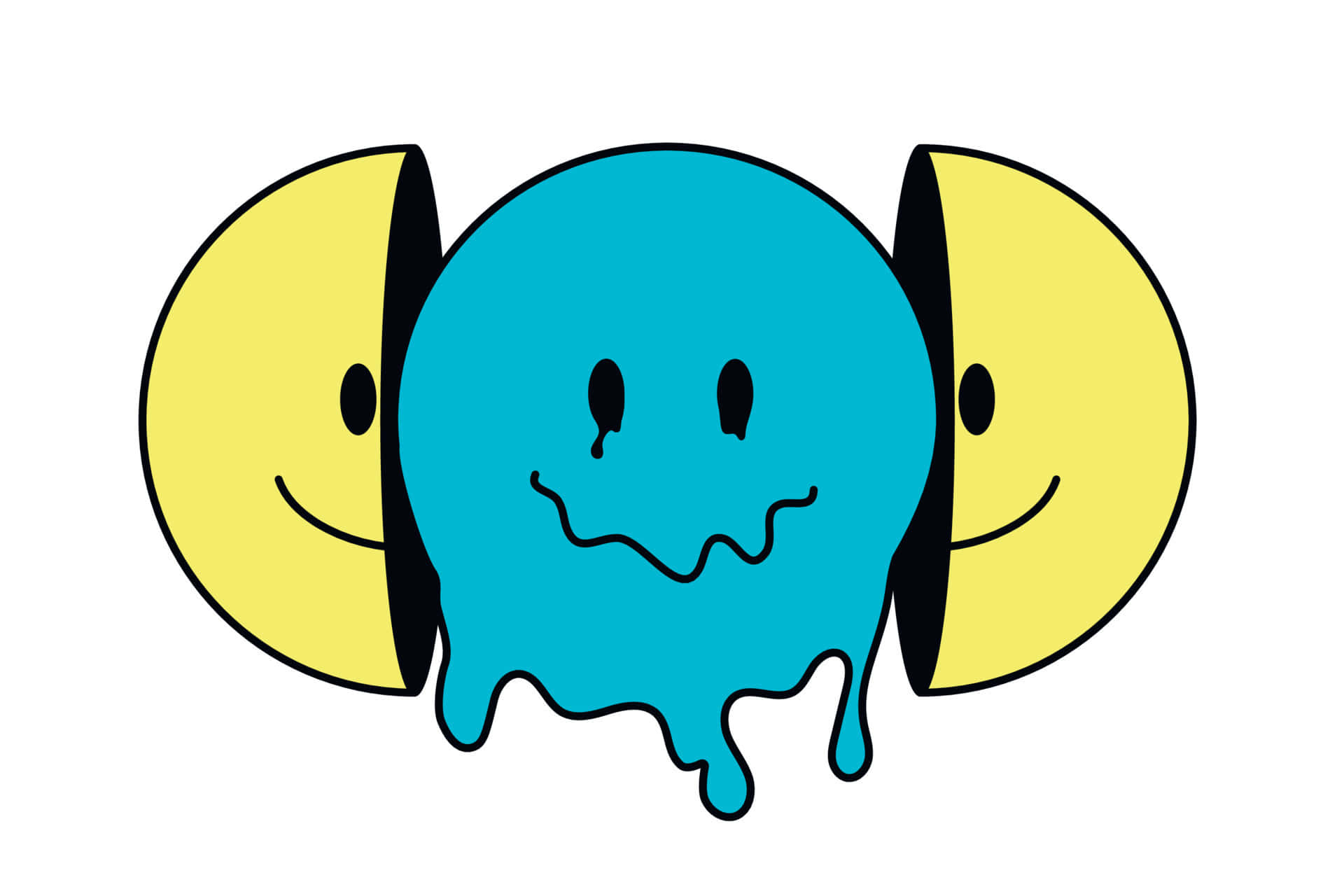 Aesthetic Trippy Smiley Face 桌布 壁紙 — 一個藍色融化笑臉在白色背景上從兩個黃色笑臉半邊之間滴落。