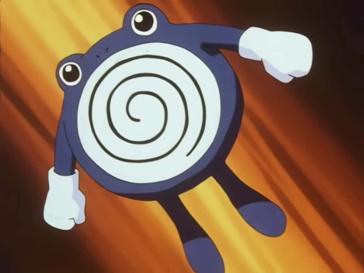 Pokemon Aesthetic 桌布 壁紙 — 一個藍色螺旋圖案動漫青蛙角色，戴著白色手套和腳，在溫暖的橙色背景上動態跳躍。