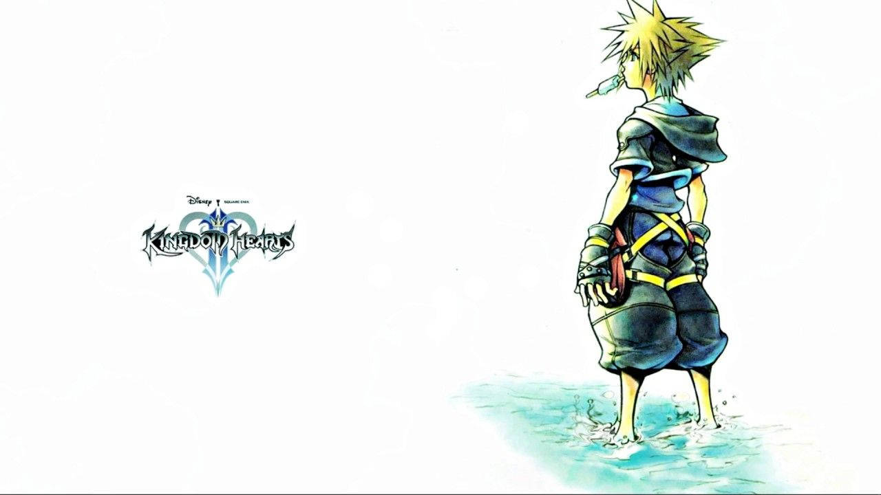 Kingdom Hearts 桌布 壁紙 — 一個藍色裝備、刺蝟頭的動畫男孩站在淺水中，手持一把鑰刃，附近有王國之心標誌。