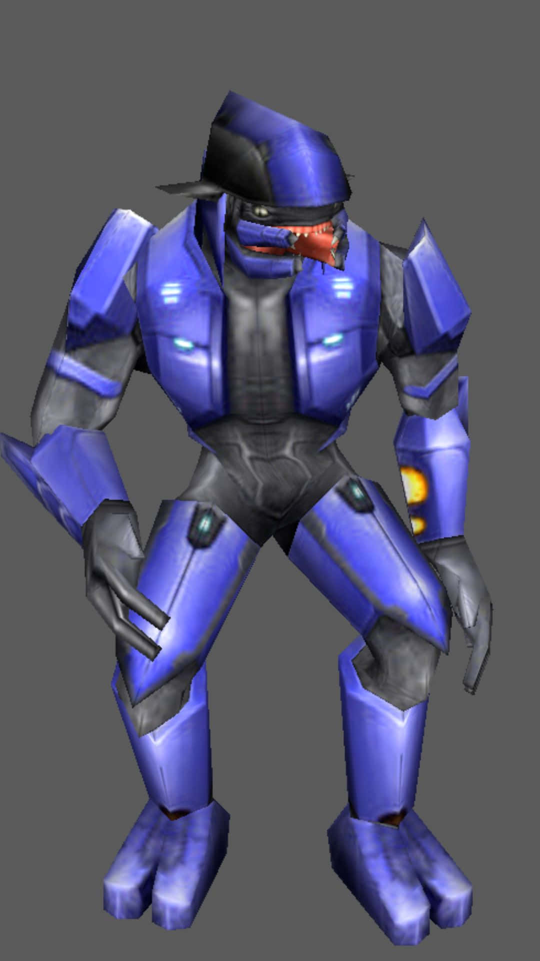 Sangheili 桌布 壁紙 — 一個藍色裝甲外星戰士，帶有發光點綴，在灰色背景前以威脅姿勢蹲伏。
