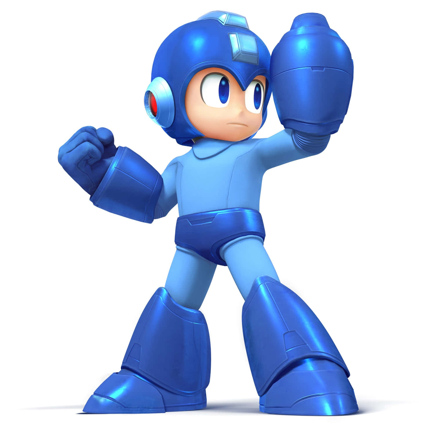 Megaman 桌布 壁紙 — 一個藍色裝甲機器人英雄自信地站立，一隻拳頭高舉在純白色背景前。