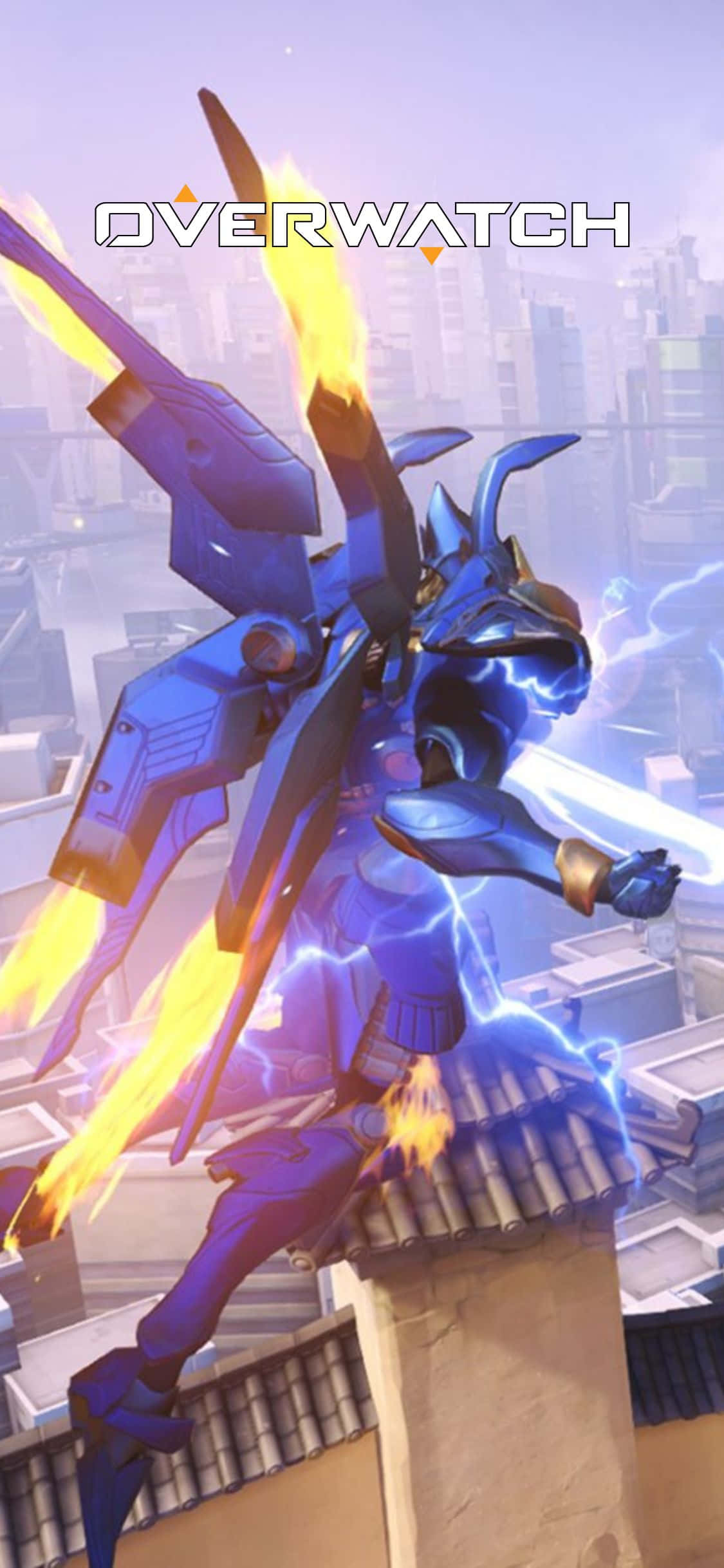 iPhone X Overwatch 桌布 壁紙 — 一個藍色裝甲的Overwatch英雄，帶有發光的翅膀和閃電，動態地跳躍在城市屋頂上。
