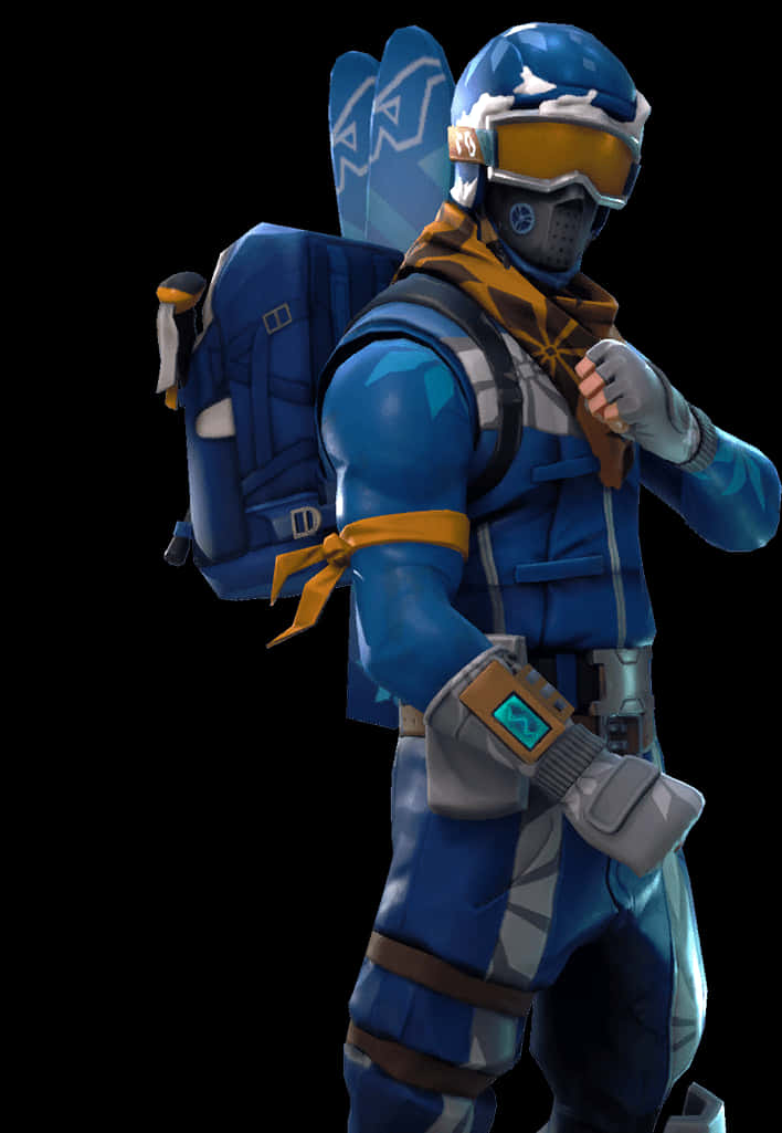 Fortnite Default Skin 桌布 壁紙 — 一個藍色裝甲角色，戴著護目鏡，背上揹著滑雪板，以數位藝術風格準備就緒。