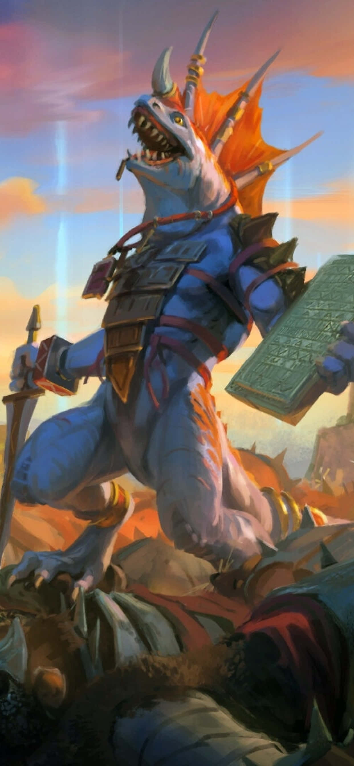 iPhone X Total War Warhammer 桌布 壁紙 — 一個藍色裝甲龍形戰士在日落時分，帶著火橙色翅膀和發光的眼睛，對倒下的敵人發出勝利的咆哮。