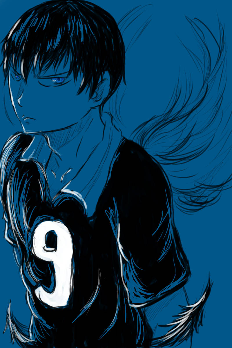 Kageyama 桌布 壁紙 — 一個藍色調的動漫男孩穿著九號球衣，在純藍色背景上強烈凝視。