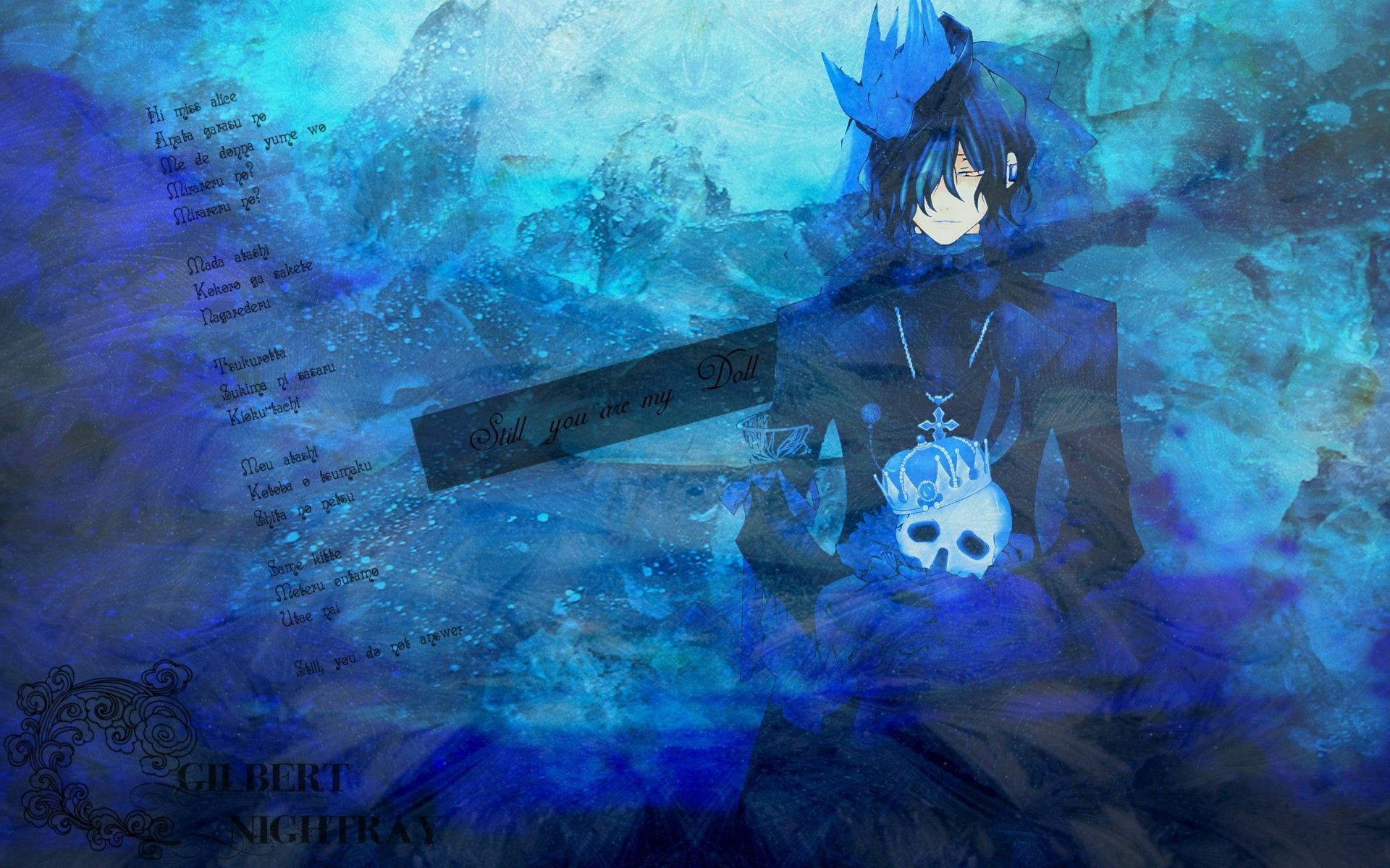 Anime Blue Boy 桌布 壁紙 — 一個藍色調的動漫角色，戴著骷髏吊墜和皇冠，坐在旋轉的水彩紋理和詩意文字之中。