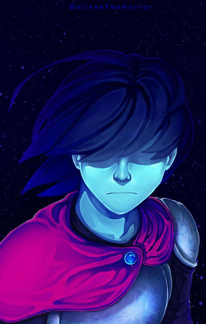 Deltarune 桌布 壁紙 — 一個藍色調的動漫角色，深色頭髮，披著洋紅色斗篷，站在繁星點點的夜空下，表情嚴肅。