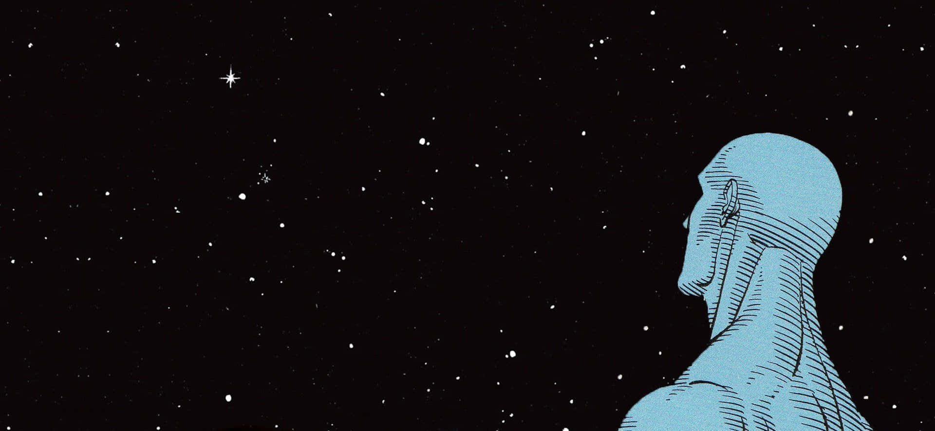 Starry Sky 桌布 壁紙 — 一個藍色調的插圖人物仰望佈滿閃爍星星的星空。