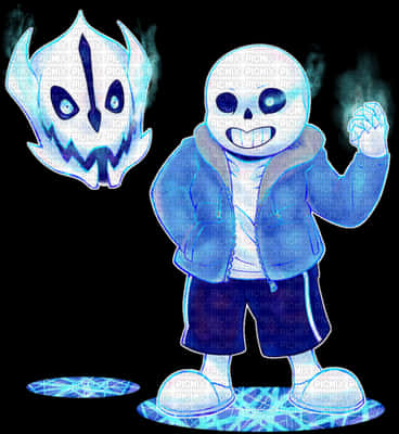 Undertale 桌布 壁紙 — 一個藍色調的骷髏角色，擁有發光的眼睛和漂浮的幽靈頭部，站在一個劈啪作響的能量圈上，背景為黑色。
