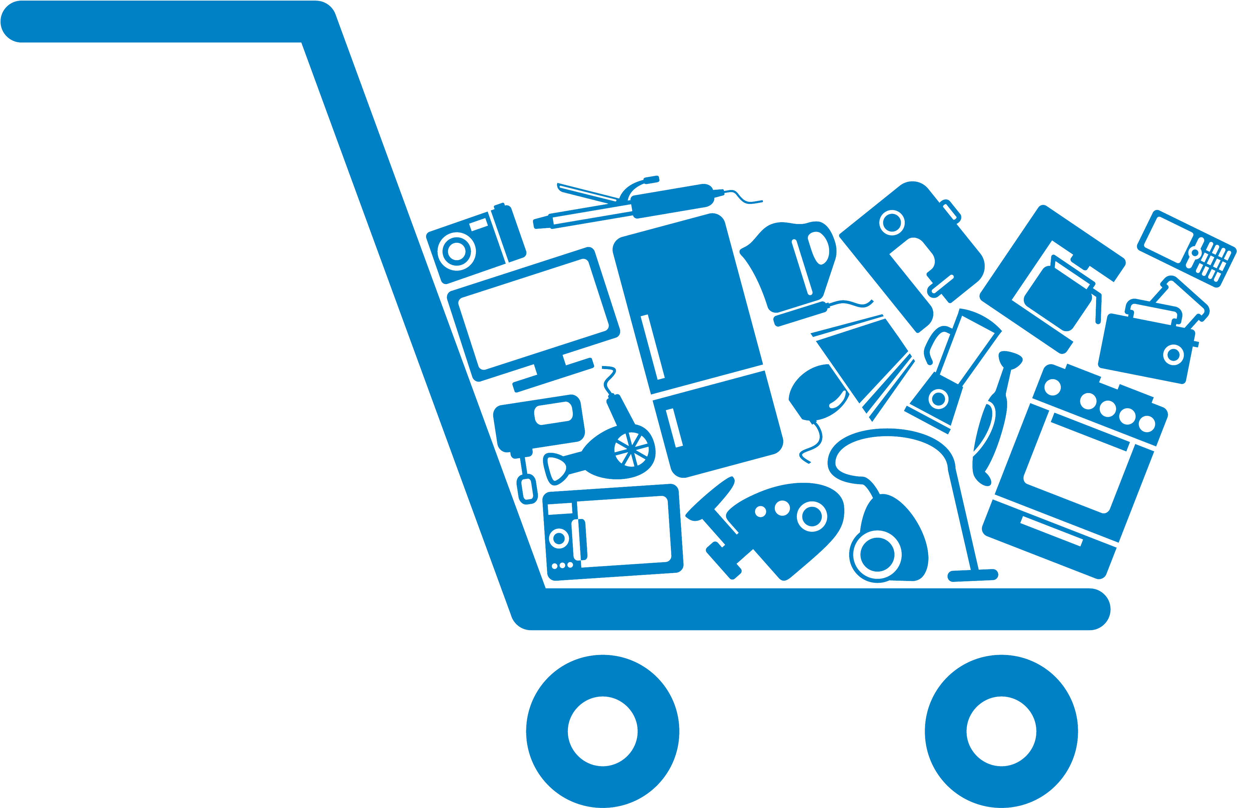 Shopping 桌布 壁紙 — 一個藍色購物車，裝滿了家用電器和電子產品，背景為黑色。