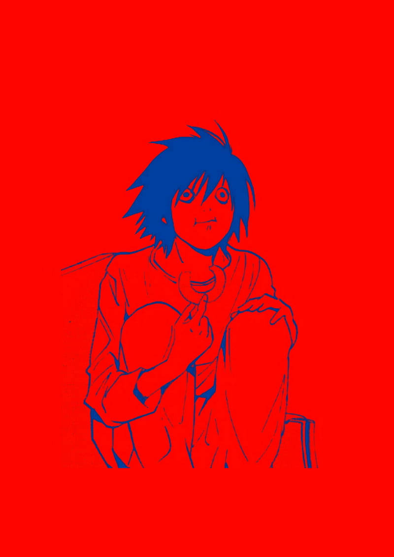 Death Note Aesthetic 桌布 壁紙 — 一個藍色輪廓的動漫角色，有尖刺頭髮，坐在純紅色背景前，手持一個小物體。