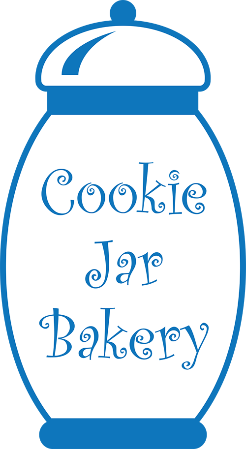 烘焙坊 桌布 壁紙 — 一個藍色輪廓的餅乾罐標誌，帶有草書文字 Cookie Jar Bakery，背景為白色。