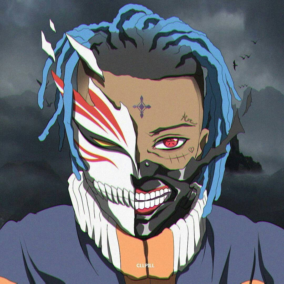 xxxtentacion 動畫 桌布 壁紙 — 一個藍色辮子、半遮臉的動漫角色，在鳥兒飛翔的暴風雨天空下微笑。