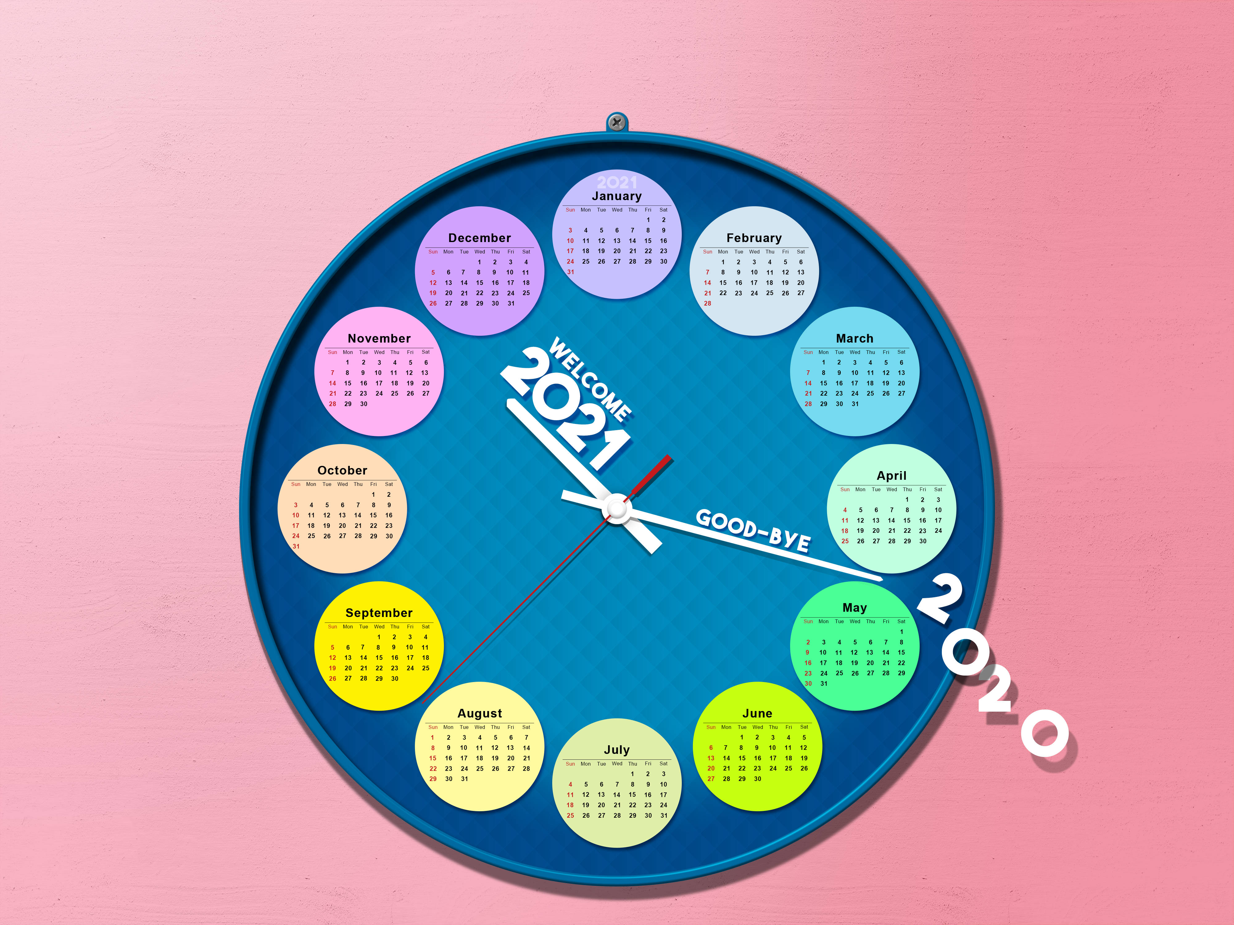Calendar 桌布 壁紙 — 一個藍色鐘面，帶有從2020年過渡到2021年的月曆，背景為粉紅色牆壁。