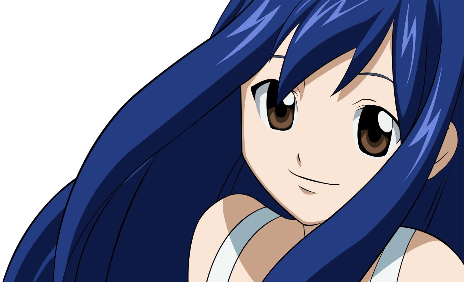 Wendy Marvell 桌布 壁紙 — 一個藍色長髮、棕色眼睛的動漫女孩特寫，在純白背景前溫柔微笑。