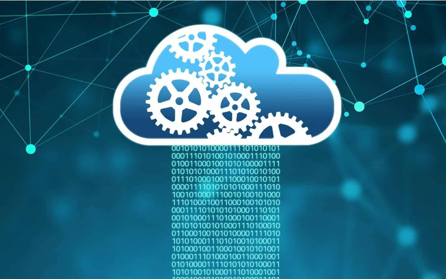 Internet 桌布 壁紙 — 一個藍色雲端圖示，帶有白色齒輪和二進位代碼流，背景為數位網路。