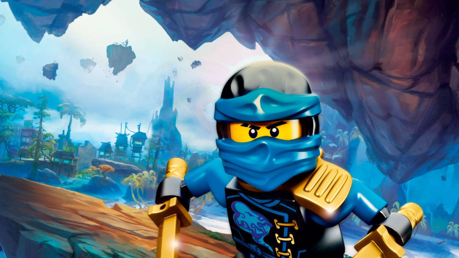 Ninjago 桌布 壁紙 — 一個藍色面具的LEGO忍者在浮島叢林峽谷中手持金色劍準備就緒。
