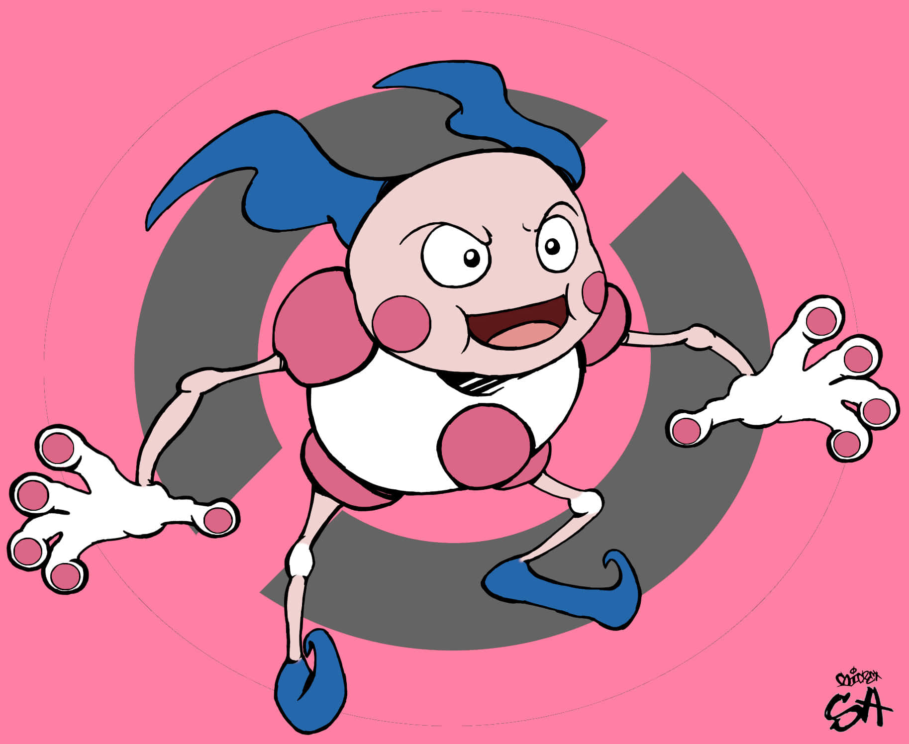 Mr. Mime 桌布 壁紙 — 一個藍色頭髮、帶有粉紅色斑點的卡通角色，在粉紅色和灰色的圓形背景上快樂地奔跑。