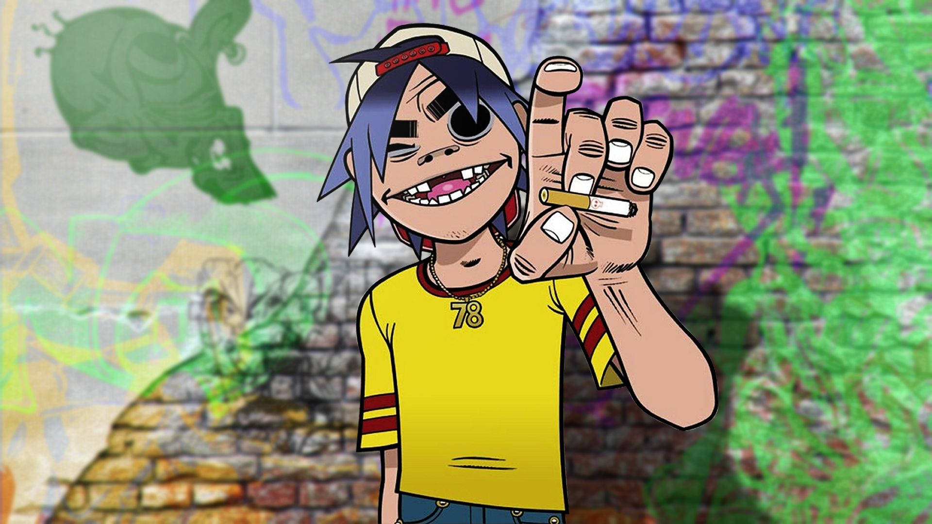 Gorillaz 桌布 壁紙 — 一個藍色頭髮、戴著眼罩的卡通角色，在塗鴉磚牆旁拿著香煙。