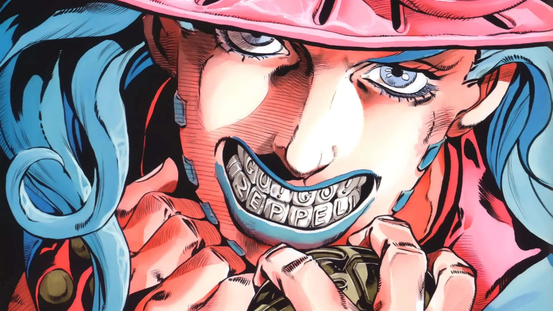 Jojo Steel Ball Run 桌布 壁紙 — 一個藍色頭髮、戴著粉紅色帽子的動漫角色特寫，露出牙齒，上面寫著「GODDESS」，咧嘴大笑。
