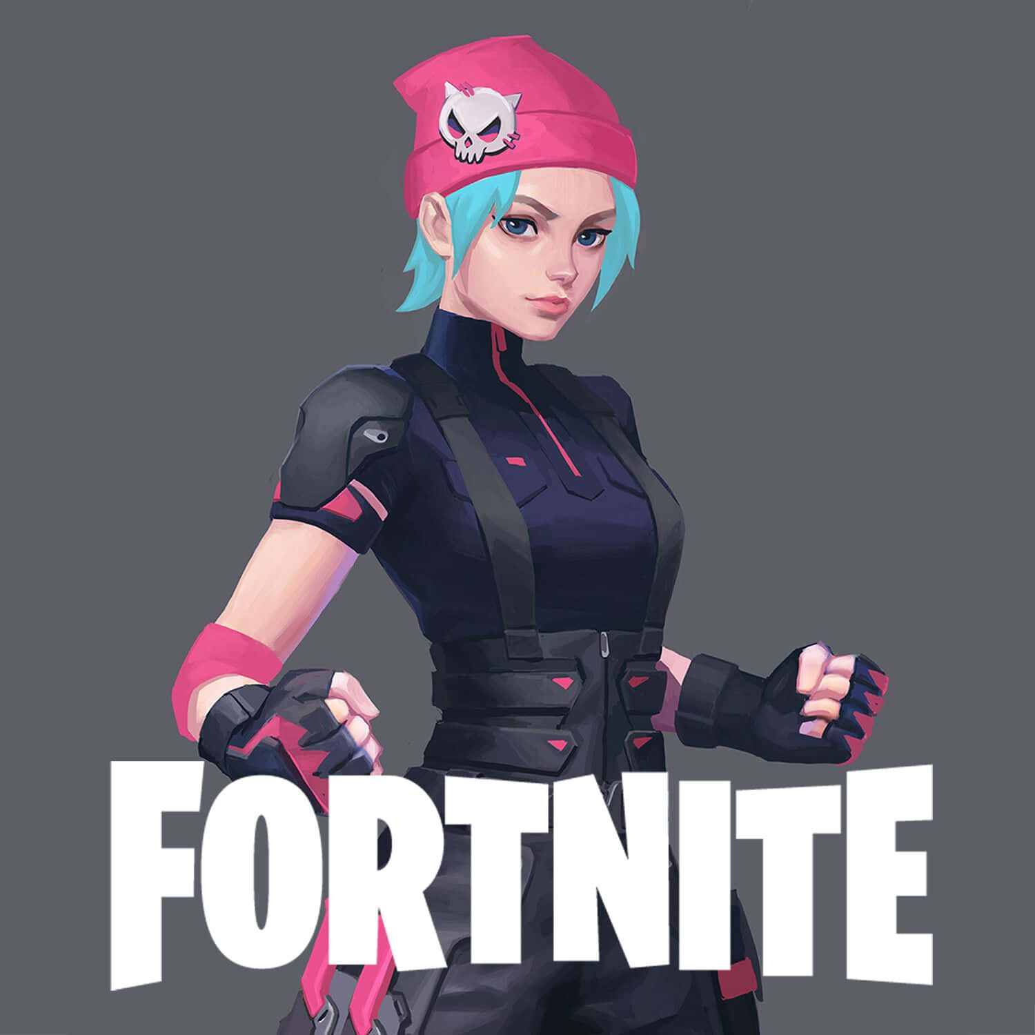 遊戲 桌布 壁紙 — 一個藍色頭髮、戴著粉紅色骷髏頭毛帽的Fortnite角色，自信地穿著深色裝備站在灰色背景前。