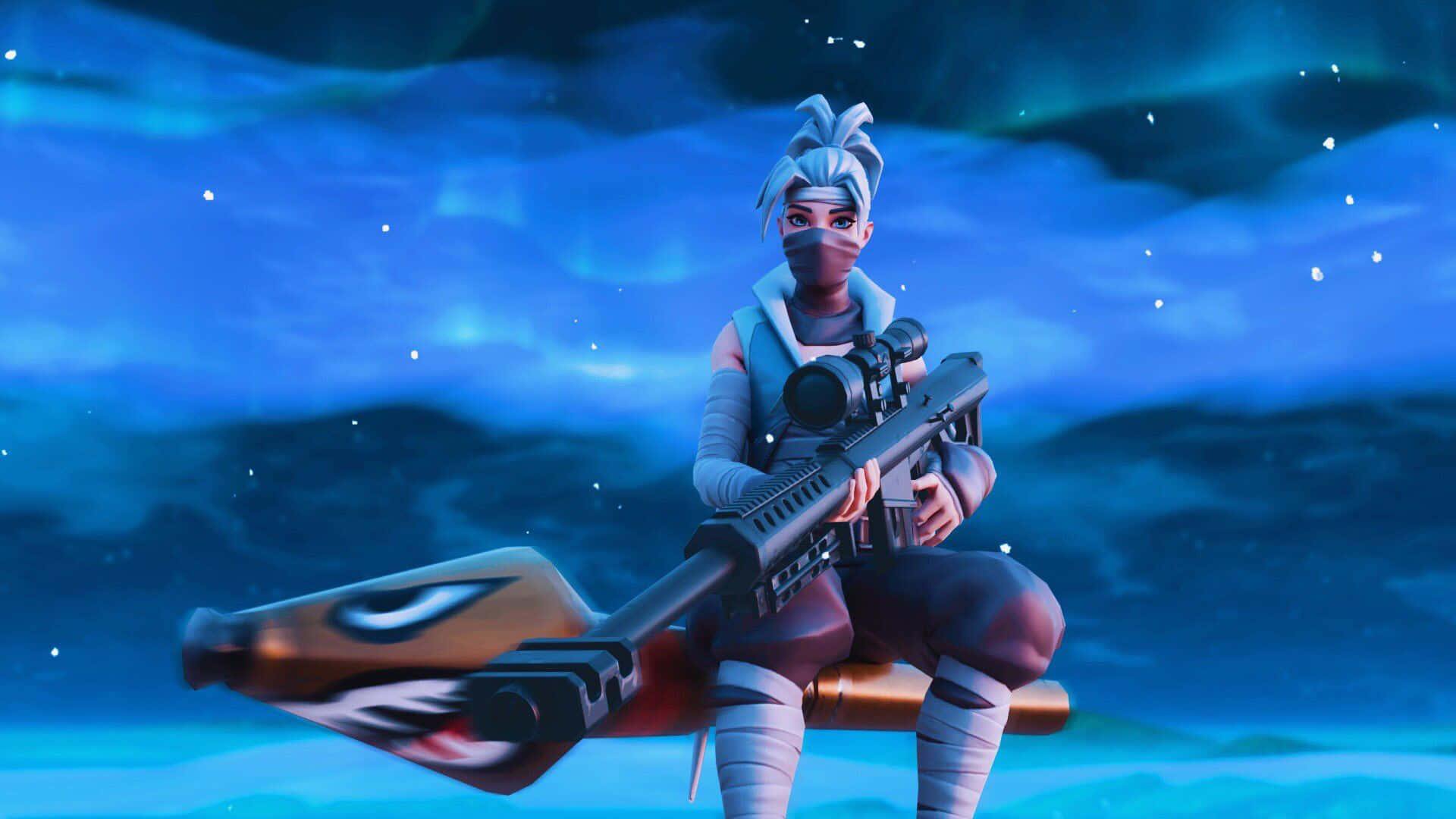 Fortnite Kuno 桌布 壁紙 — 一個藍色頭髮、戴著面具的《要塞英雄》角色坐在噴射背包上，手持狙擊步槍，背景是滿天星斗的藍色天空。