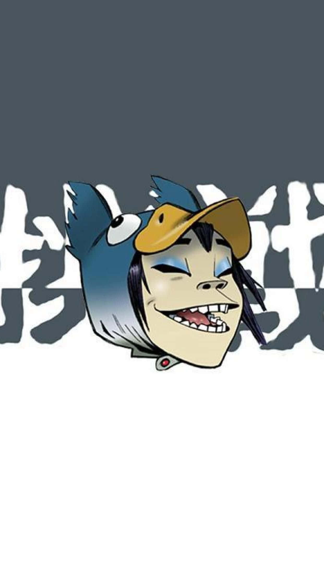 band 桌布 壁紙 — 一個藍色頭髮、戴黃色帽子的卡通角色，在深灰色背景上露出燦爛的笑容，背景有白色風格化文字。