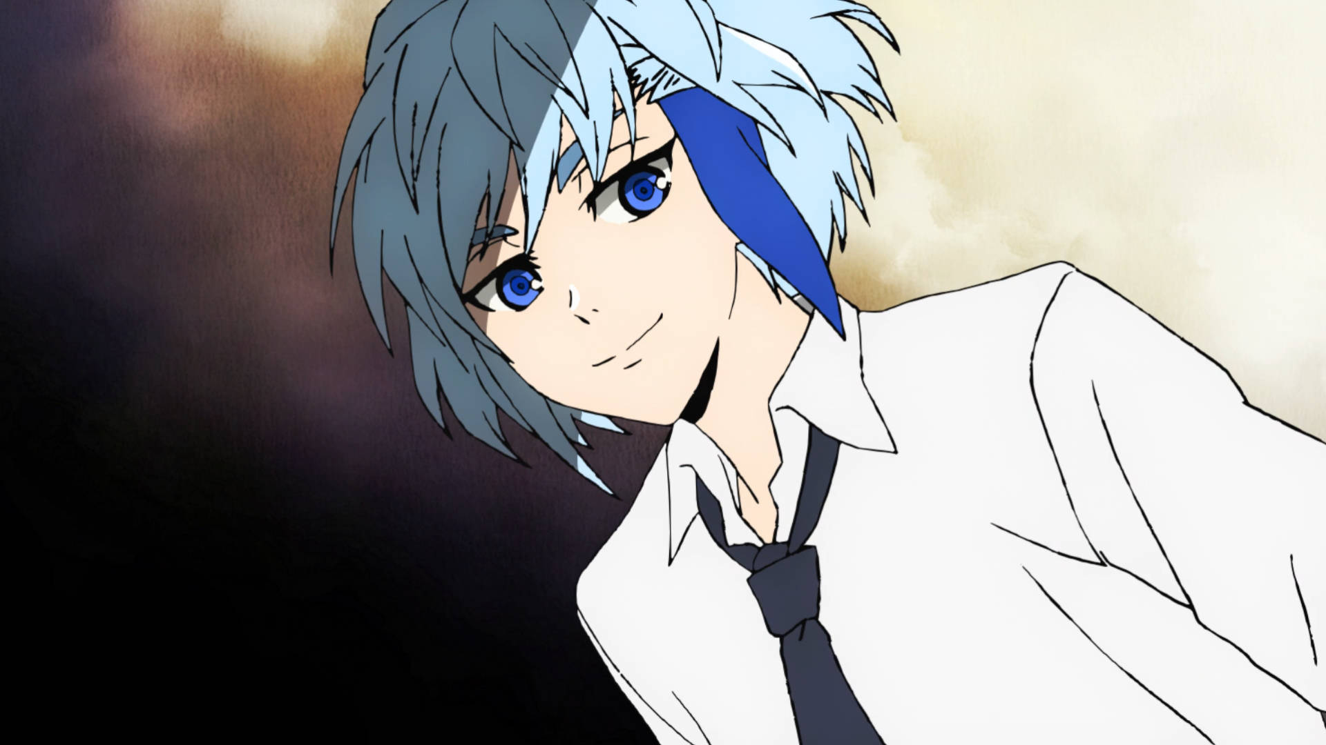 Tower Of God 桌布 壁紙 — 一個藍色頭髮、擁有引人注目藍色眼睛的動漫角色，穿著白色襯衫和黑色領帶，在溫暖的漸變背景上溫柔微笑。