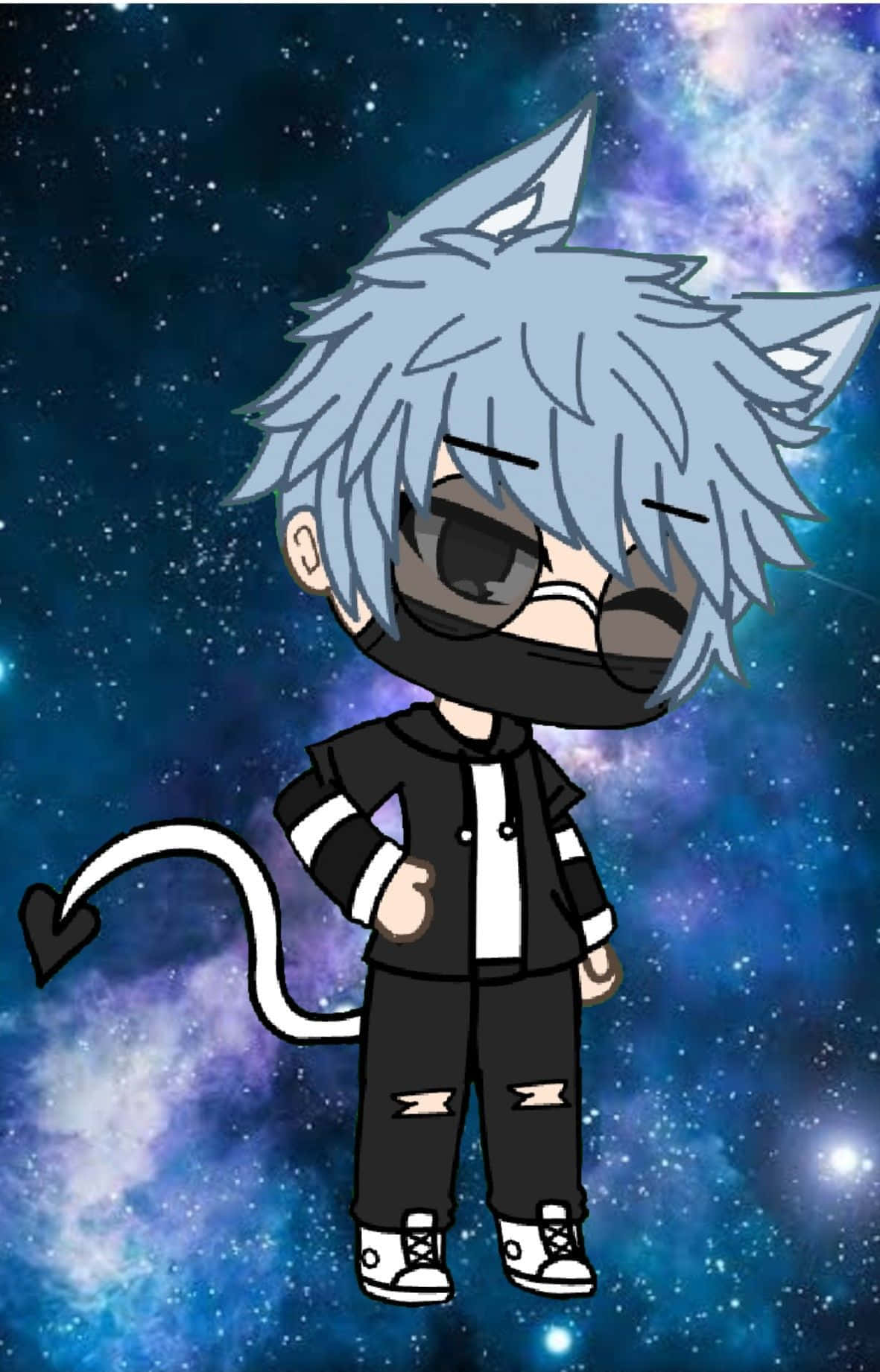 Cute Gacha Life Boy 桌布 壁紙 — 一個藍色頭髮、有惡魔尾巴的Q版動漫角色，自信地站在充滿活力的宇宙銀河背景前。