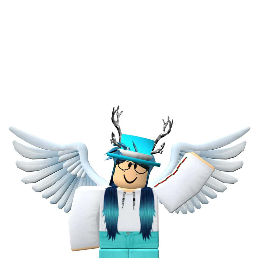 Roblox Avatar 桌布 壁紙 — 一個藍色頭髮、有鹿角的 Roblox 頭像，戴著高帽和白色翅膀，手持一本書。