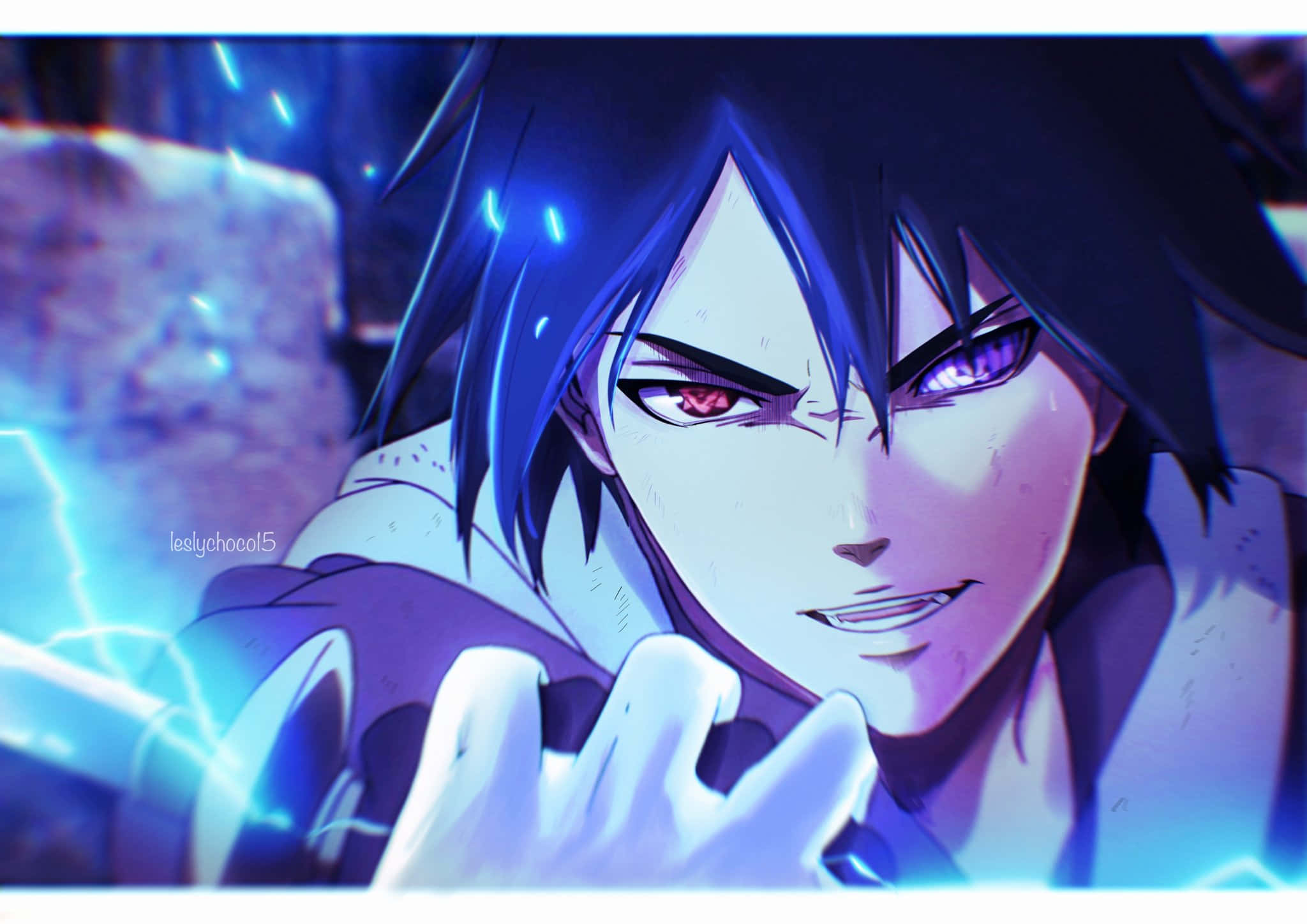 Sasuke 桌布 壁紙 — 一個藍色頭髮、眼睛發光的動漫角色在戲劇性的特寫中引導電能。
