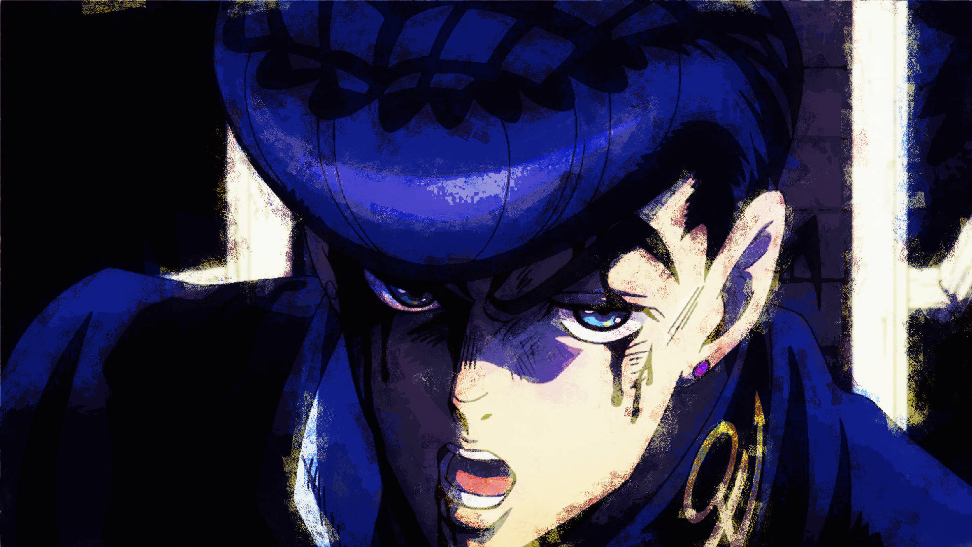 Josuke 桌布 壁紙 — 一個藍色頭髮、眼神銳利的動漫角色特寫，在黑暗背景下兇狠地凝視。